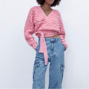 Zara Pink Cable Knit Wrap Sweater